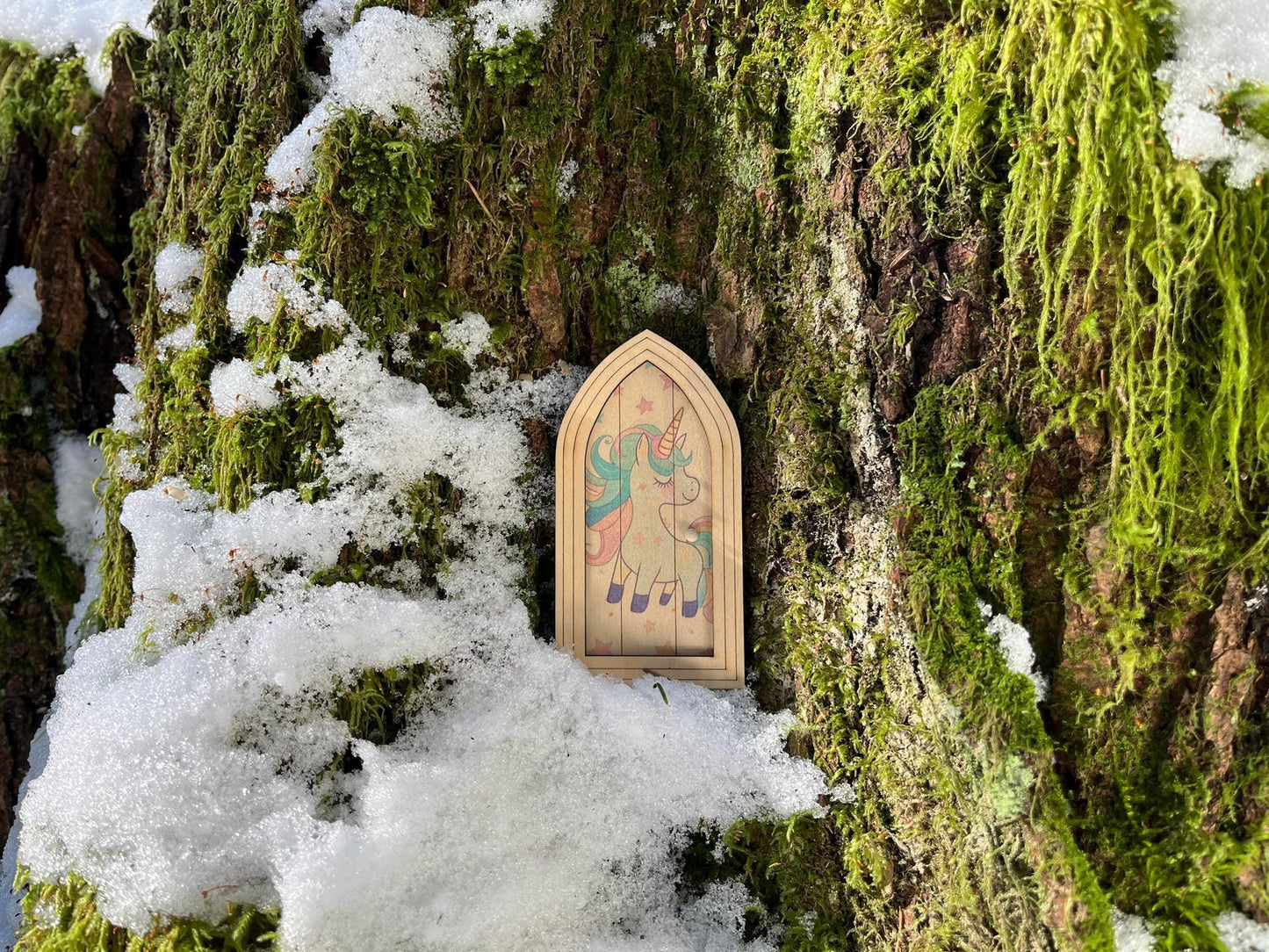 Handmade Fairy Door with Unicorn Print – Whimsical Miniature Decor for Fairy Gardens & Homes