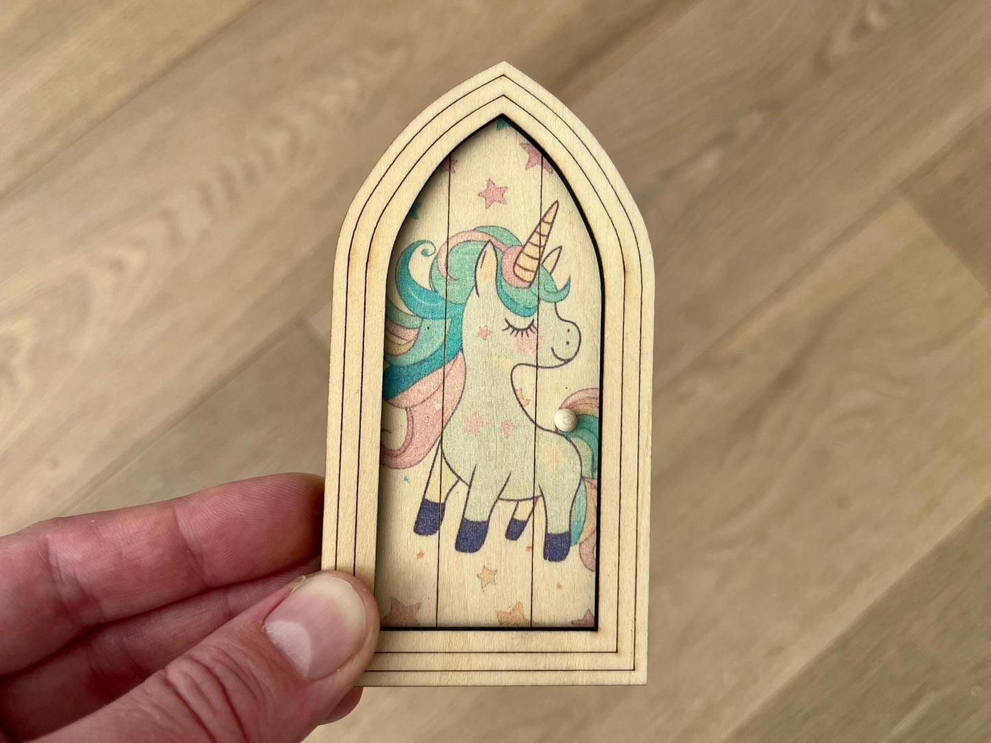 Handmade Fairy Door with Unicorn Print – Whimsical Miniature Decor for Fairy Gardens & Homes