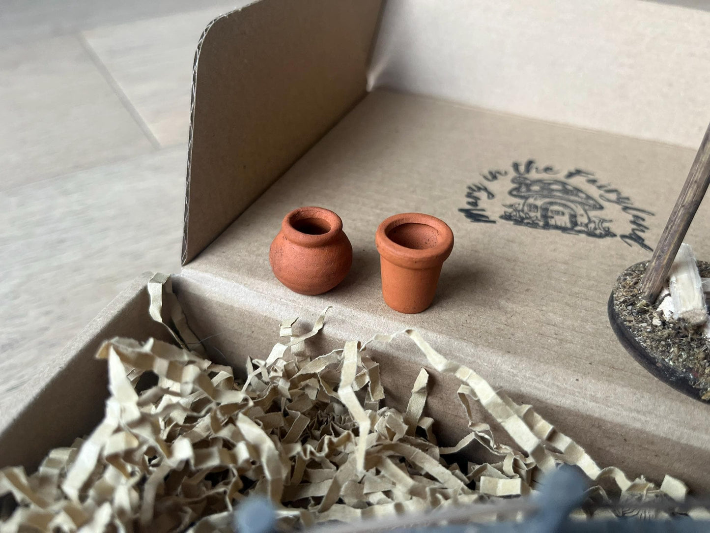 Fairy Garden Starter Set – Wooden Bridge + Mini Fireplace + 2 Tiny Terracotta Pots