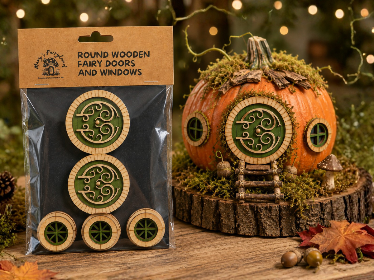 Finished Round Fairy Door and Windows Set for Fairy Garden or Fairy House