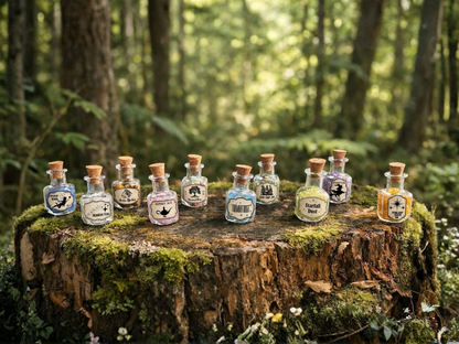 Set of 10 Fairy Potion Bottles with Labels - Mini Glass Bottles for Fairy Gardens
