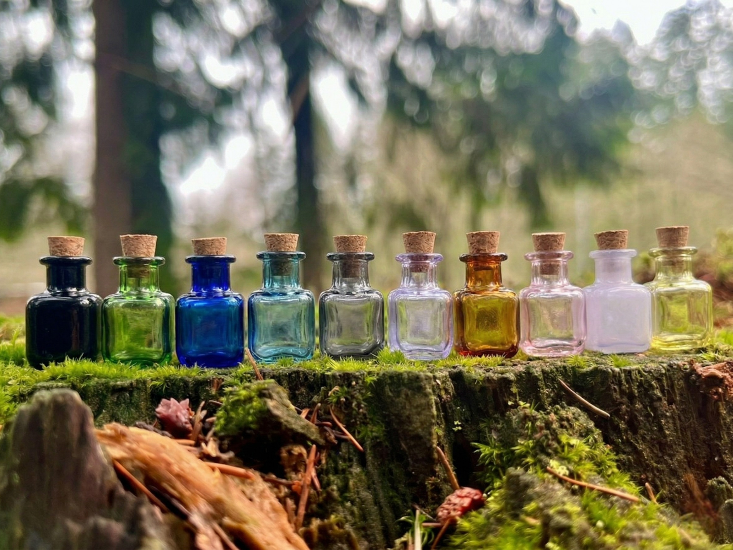 Set of 10 Enchanted Colored Miniature Glass Bottles
