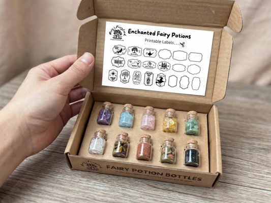 Set of 10 Fairy Potion Bottles with Labels - Mini Glass Bottles for Fairy Gardens