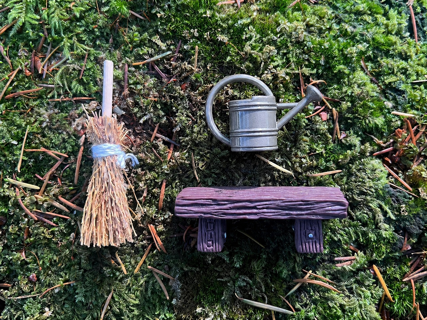 Tiny Fairy Garden Accessory Set - Mini Broom, Watering Can and Bench