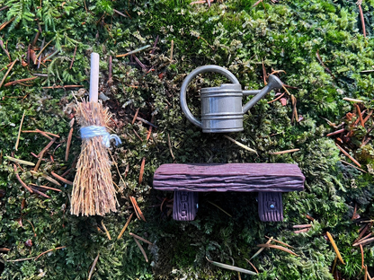 Tiny Fairy Garden Accessory Set - Mini Broom, Watering Can and Bench