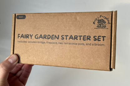 Fairy Garden Starter Set - Wooden Bridge + Mini Fireplace + 2 Tiny Terracotta Pots + Straw Broom