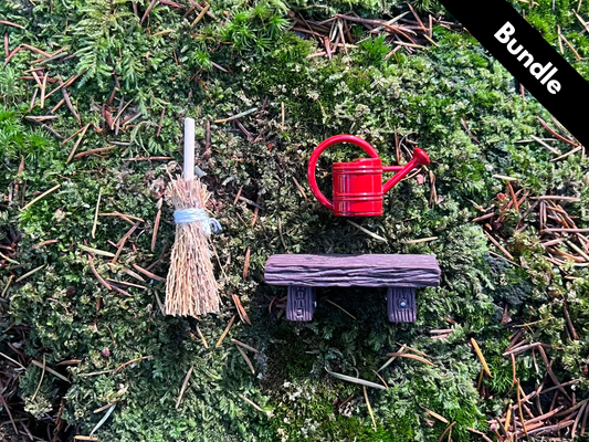 Fairy Door Starter Set - Mini Straw Broom + Watering Can (Red or Green) + Bench