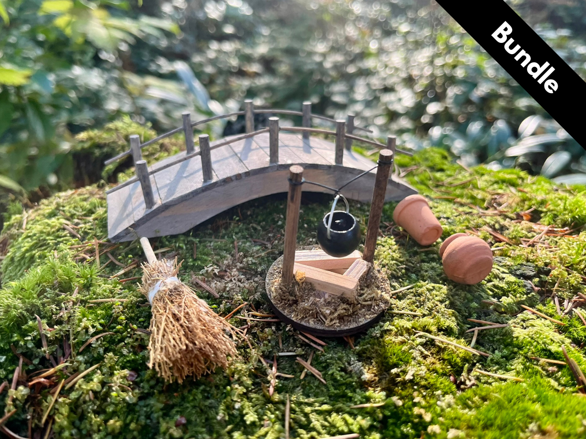 Fairy Garden Starter Set – Wooden Bridge + Mini Fireplace + 2 Tiny Terracotta Pots + Straw Broom
