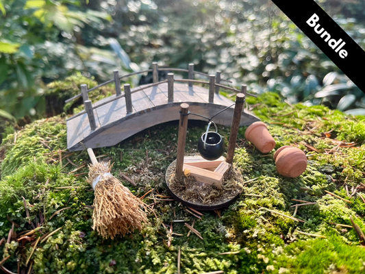 Fairy Garden Starter Set – Wooden Bridge + Mini Fireplace + 2 Tiny Terracotta Pots + Straw Broom