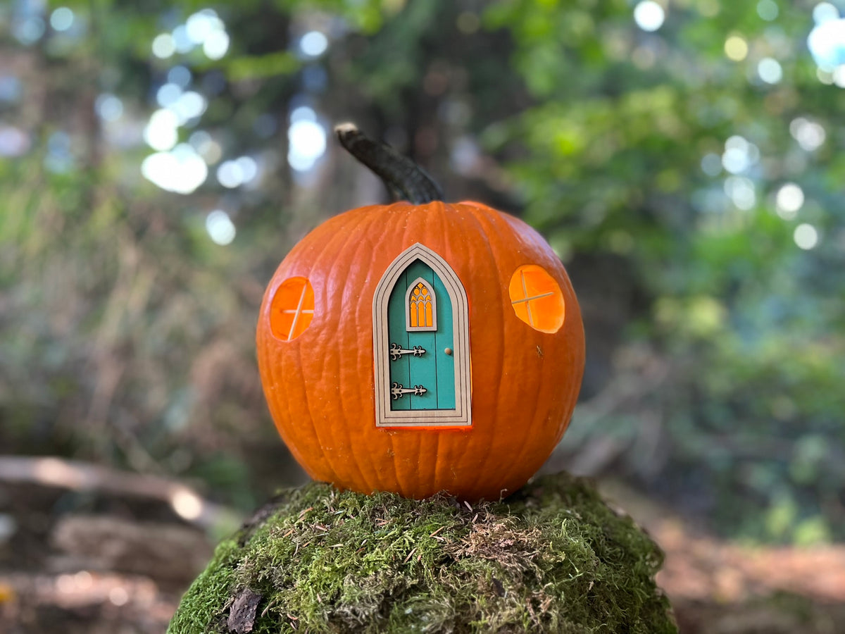 Gothic Pumpkin Fairy Door - Outdoor Miniature Halloween Decor