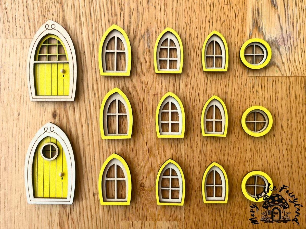 Finished Fairy Doors and Windows Set – Pre-Colored and Sealed for Outdoor Fairy Houses