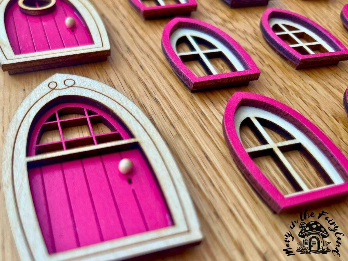Finished Fairy Doors and Windows Set – Pre-Colored and Sealed for Outdoor Fairy Houses