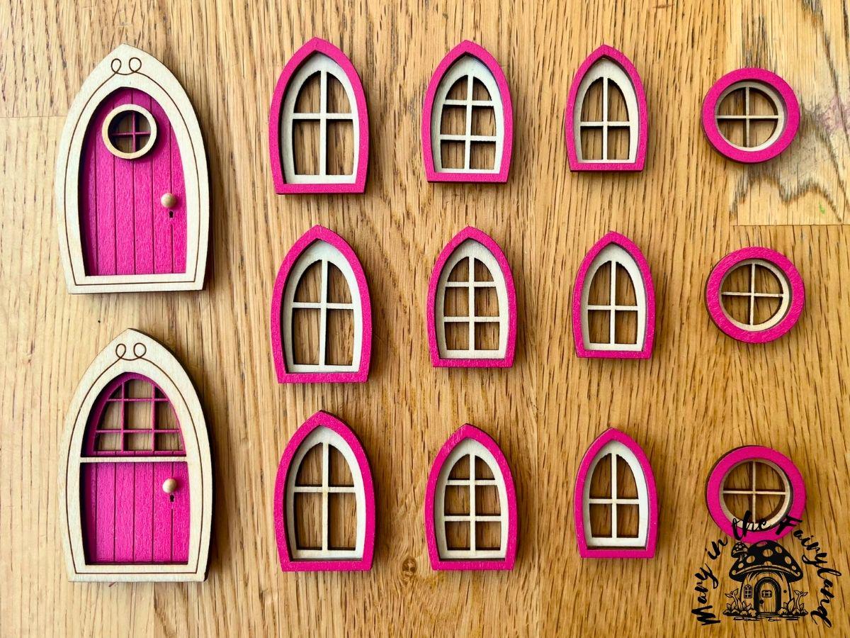 Finished Fairy Doors and Windows Set – Pre-Colored and Sealed for Outdoor Fairy Houses