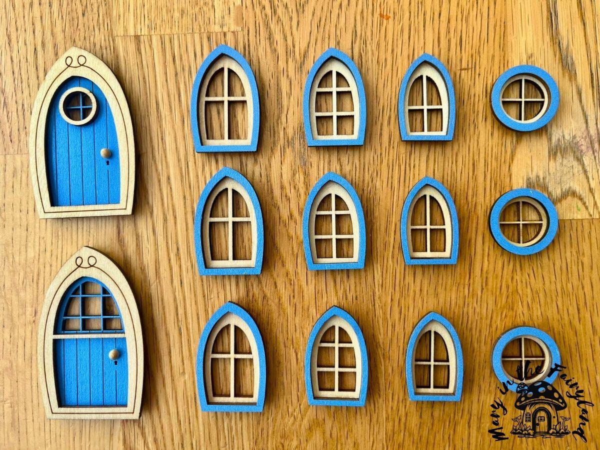 Finished Fairy Doors and Windows Set – Pre-Colored and Sealed for Outdoor Fairy Houses