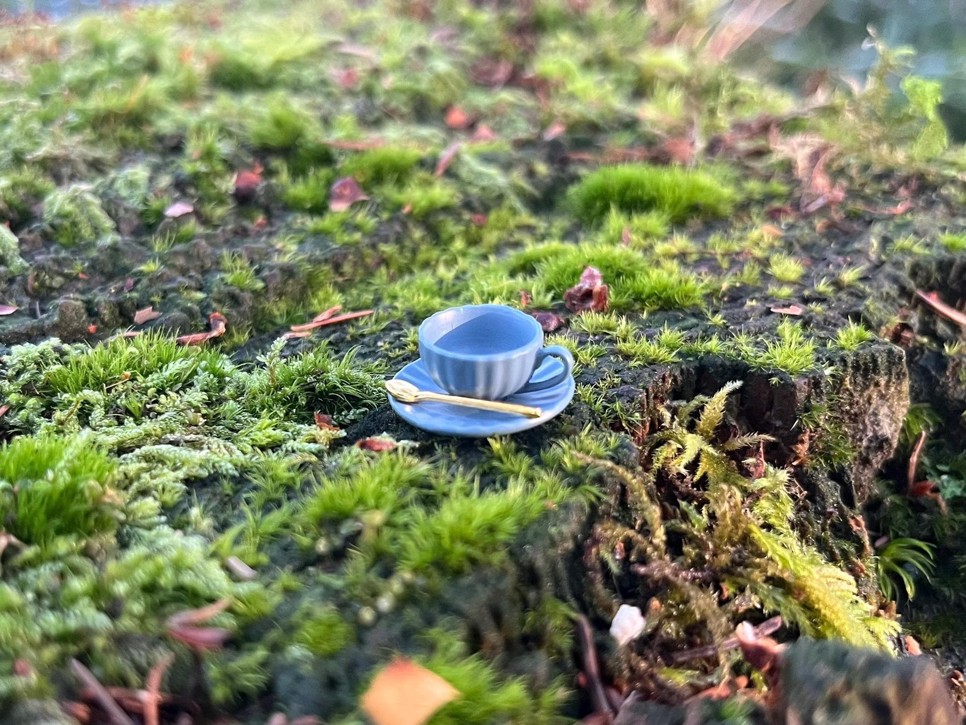 Mini Coffee Service – Set with Cup, Plate and Golden Spoon for Fairy Gardens or Miniature Decor
