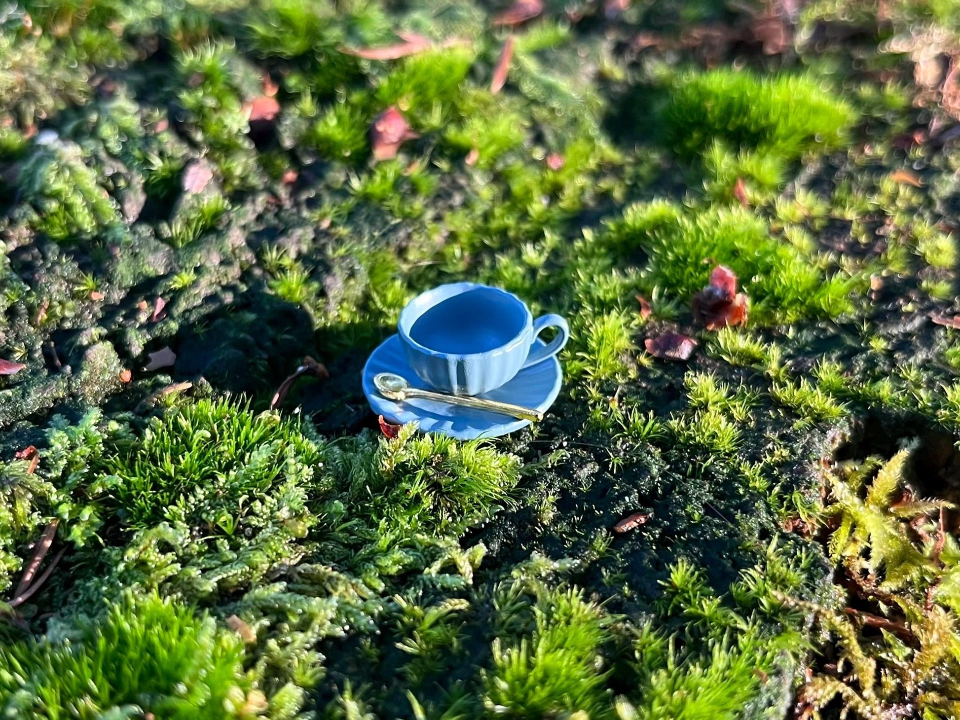 Mini Coffee Service – Set with Cup, Plate and Golden Spoon for Fairy Gardens or Miniature Decor