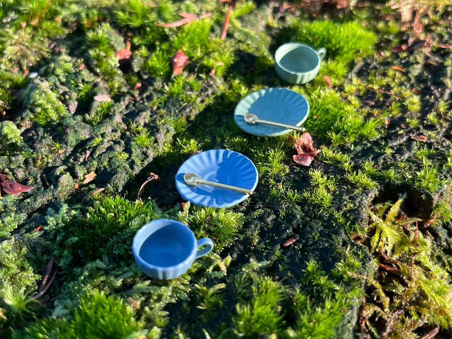 Mini Coffee Service – Set with Cup, Plate and Golden Spoon for Fairy Gardens or Miniature Decor