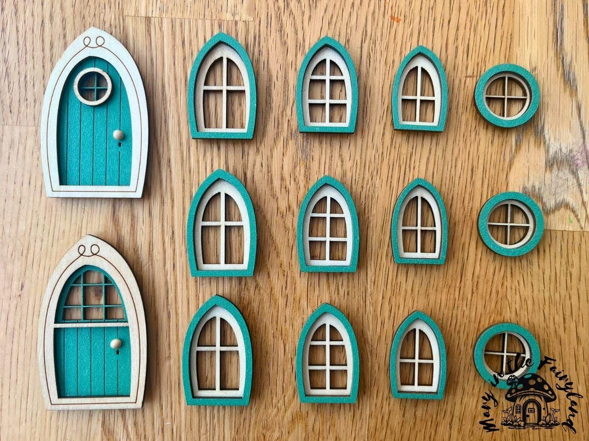 Finished Fairy Doors and Windows Set – Pre-Colored and Sealed for Outdoor Fairy Houses