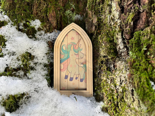Handmade Fairy Door with Unicorn Print – Whimsical Miniature Decor for Fairy Gardens & Homes