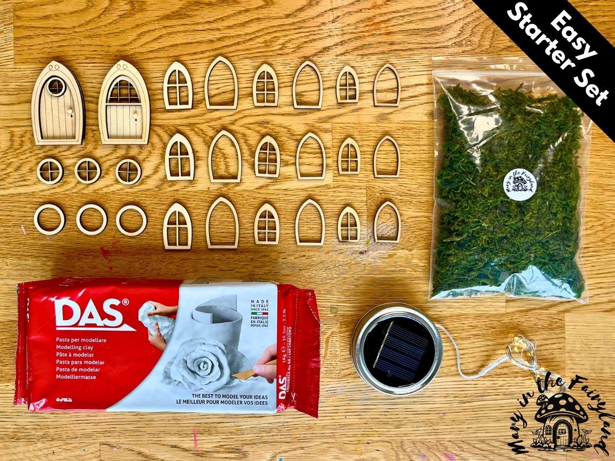 Easy Fairy House Starter Set – DIY Fairy House Kit with Air-Dry Clay, Doors, Windows, Moss & Optional Lights – Build Your Own Fairy Home