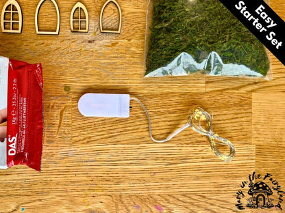 Easy Fairy House Starter Set – DIY Fairy House Kit with Air-Dry Clay, Doors, Windows, Moss & Optional Lights – Build Your Own Fairy Home