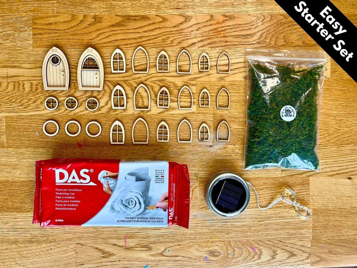 Easy Fairy House Starter Set – DIY Fairy House Kit with Air-Dry Clay, Doors, Windows, Moss & Optional Lights – Build Your Own Fairy Home