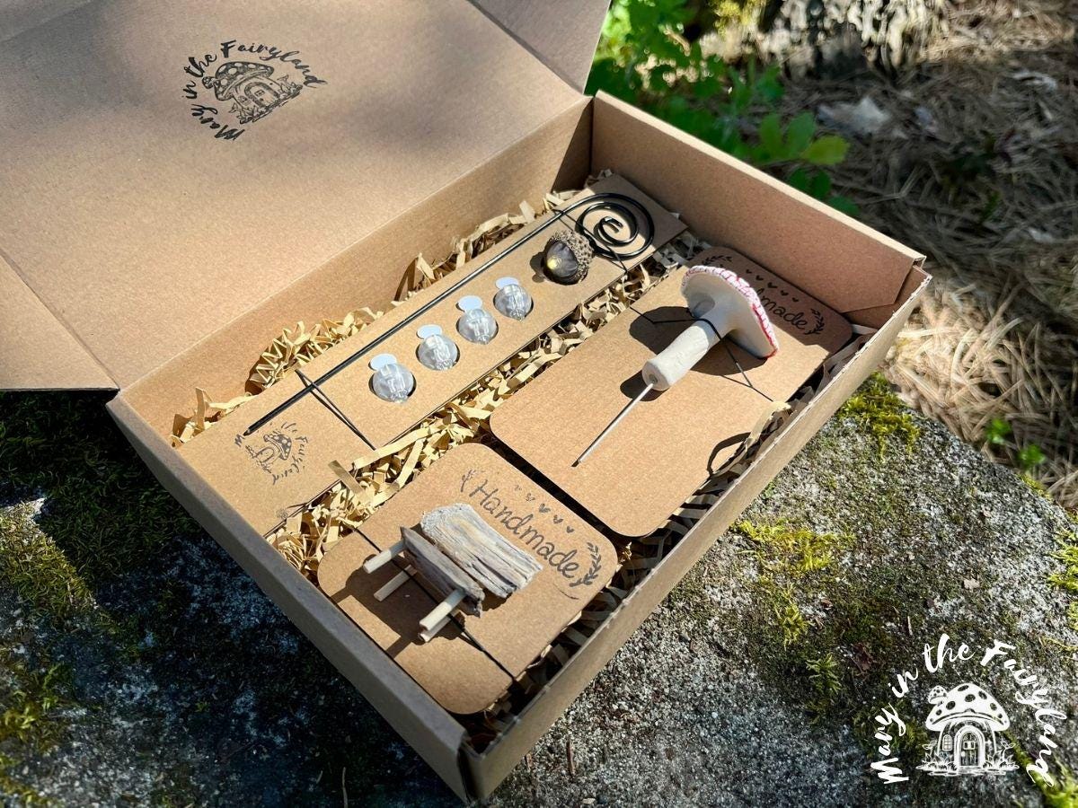 Handmade Mother’s Day Fairy Garden Gift Set – Fairy Scene with Lantern, Bench & Mushroom