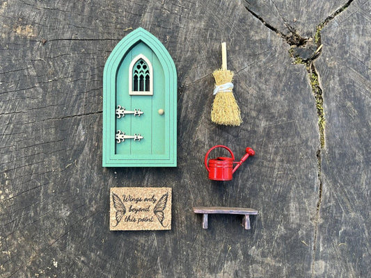 Fairy Garden Gift Set – 5-Piece Set with Fairy Door, Doormat, Watering Can, Broom & Bench – Perfect Gift for Fairy Lovers