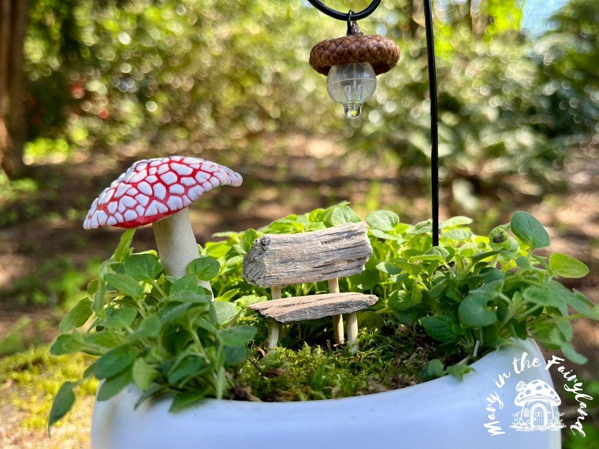 Handmade Mother’s Day Fairy Garden Gift Set – Fairy Scene with Lantern, Bench & Mushroom