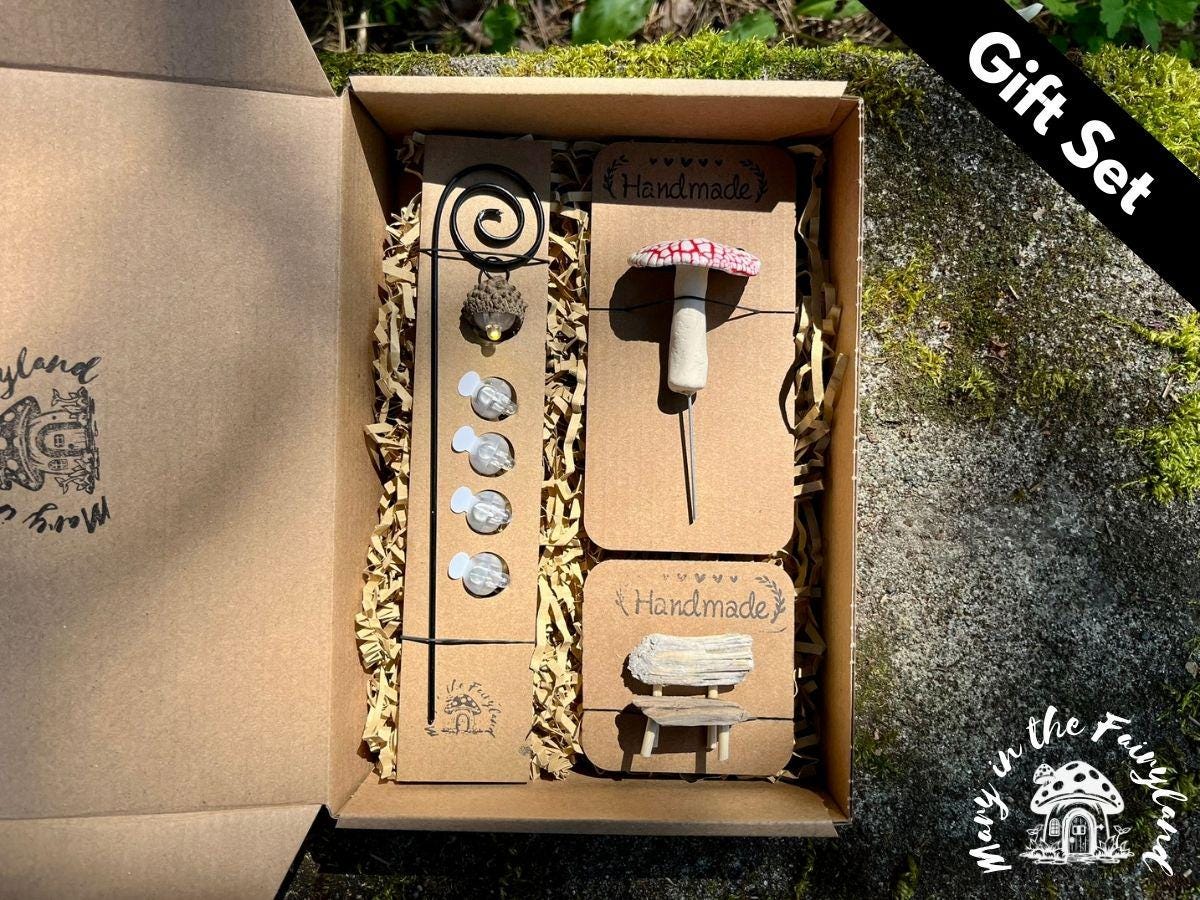 Handmade Mother’s Day Fairy Garden Gift Set – Fairy Scene with Lantern, Bench & Mushroom