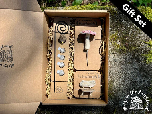 Handmade Mother’s Day Fairy Garden Gift Set – Fairy Scene with Lantern, Bench & Mushroom