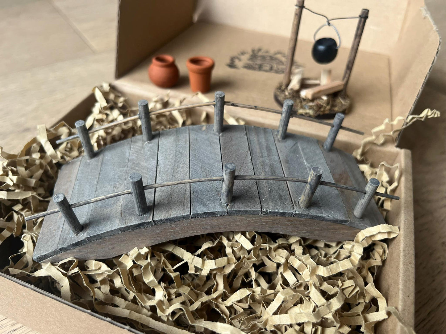 Fairy Garden Starter Set – Wooden Bridge + Mini Fireplace + 2 Tiny Terracotta Pots