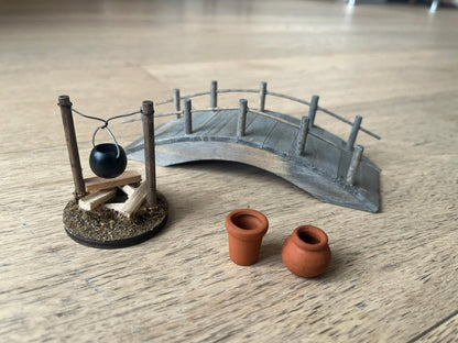 Fairy Garden Starter Set – Wooden Bridge + Mini Fireplace + 2 Tiny Terracotta Pots