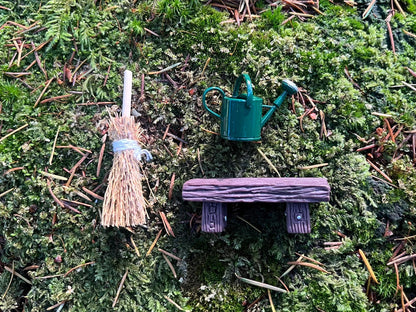 Fairy Door Starter Set - Mini Straw Broom + Watering Can (Red or Green) + Bench