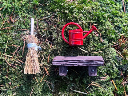 Fairy Door Starter Set - Mini Straw Broom + Watering Can (Red or Green) + Bench