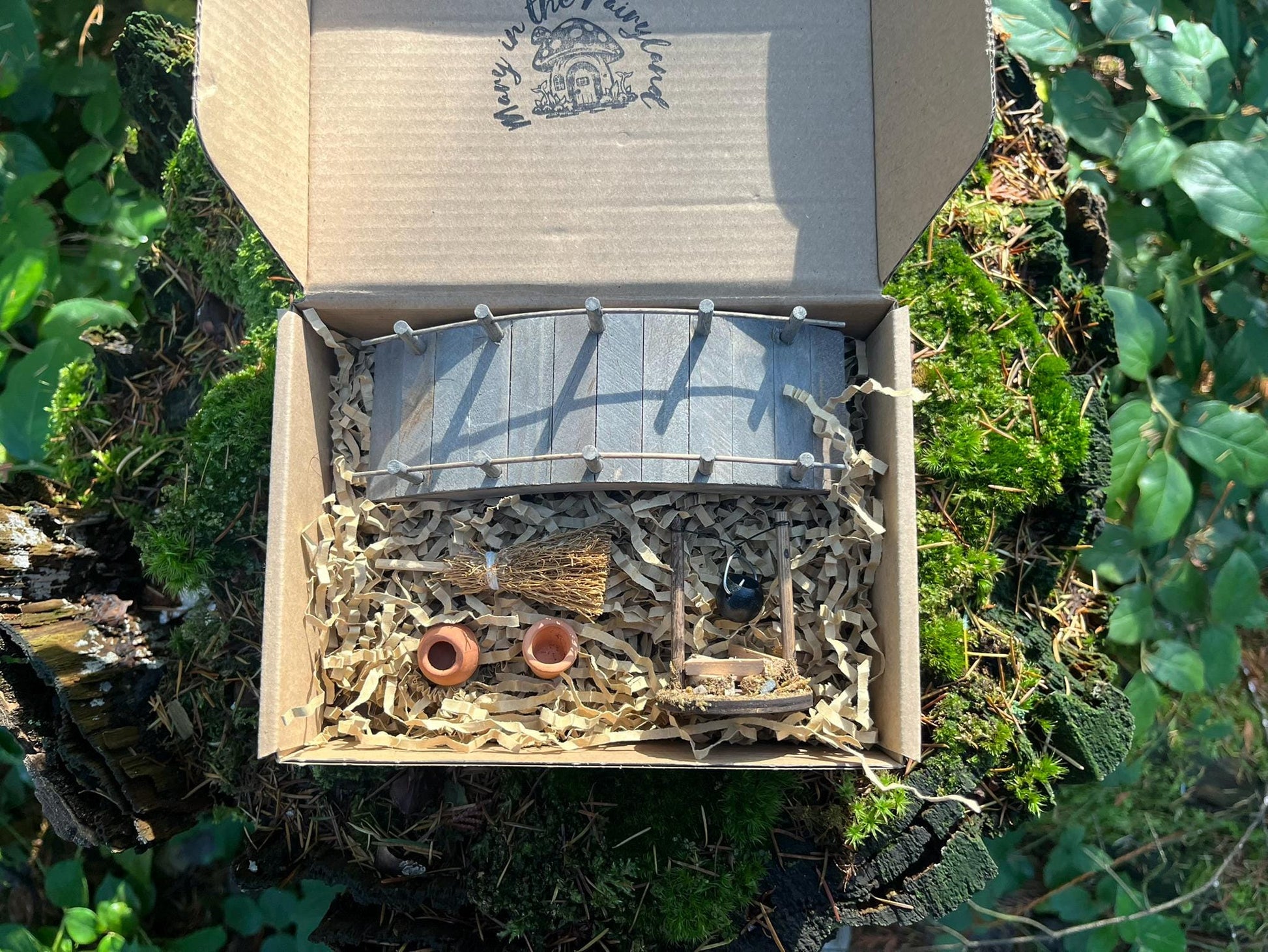 Fairy Garden Starter Set – Wooden Bridge + Mini Fireplace + 2 Tiny Terracotta Pots