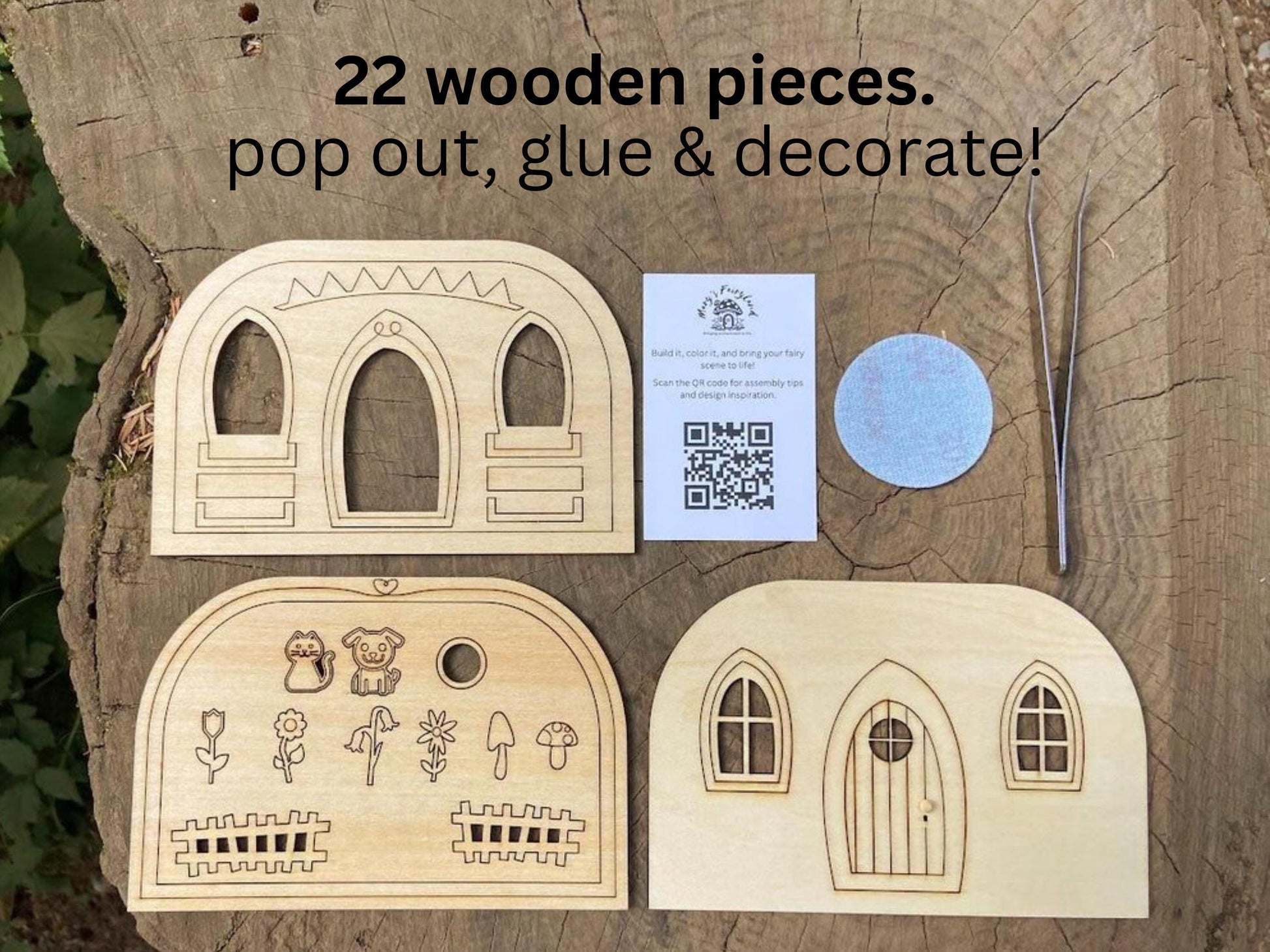 DIY Fairy Garden Scene Kit: 22-Piece Wood Craft Gift