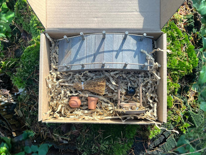 Fairy Garden Starter Set – Wooden Bridge + Mini Fireplace + 2 Tiny Terracotta Pots