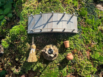 Fairy Garden Starter Set – Wooden Bridge + Mini Fireplace + 2 Tiny Terracotta Pots