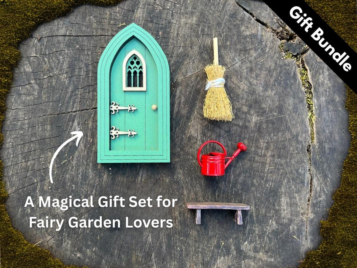 Fairy Garden Gift Set: FairyDoor, Bench, Broom & Watering Can - FREE U.S. Shipping