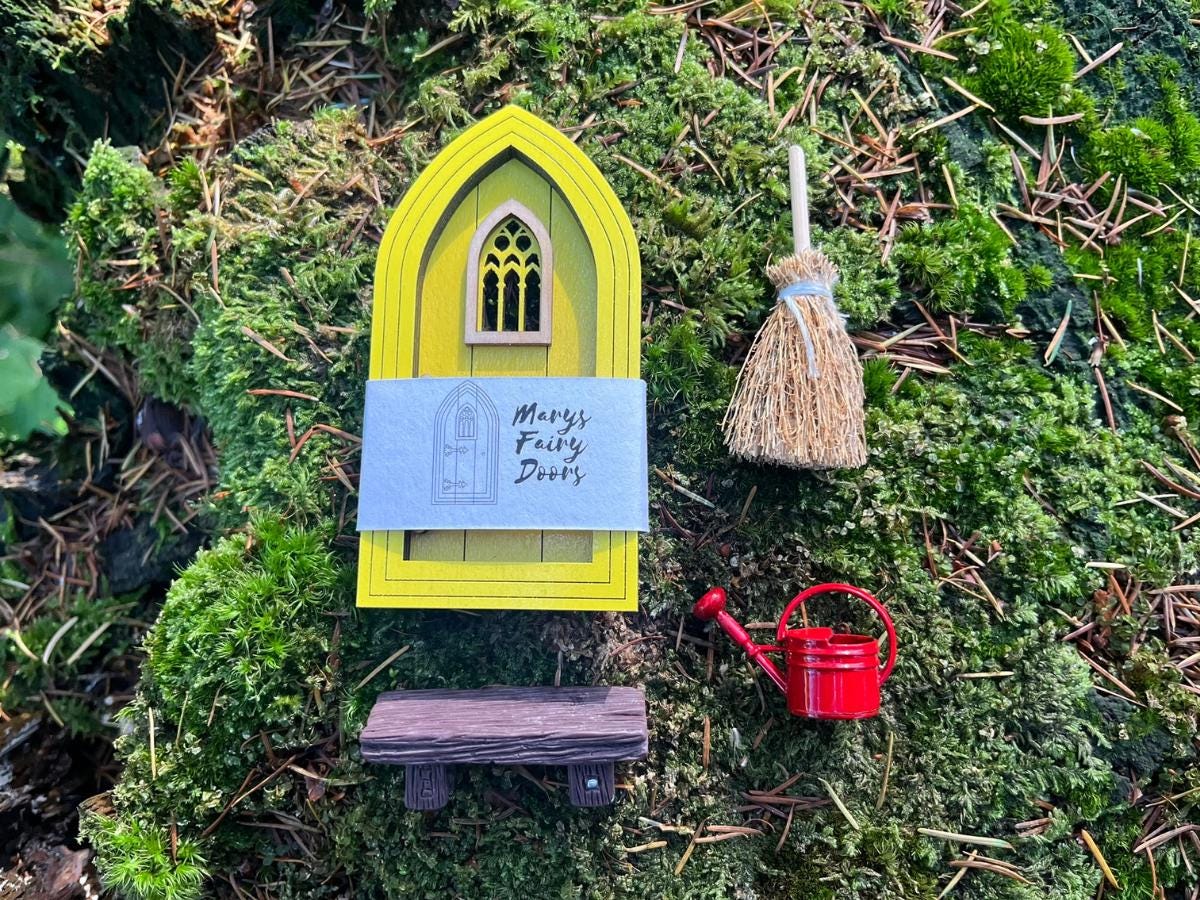 Fairy Garden Gift Set: FairyDoor, Bench, Broom & Watering Can - FREE U.S. Shipping