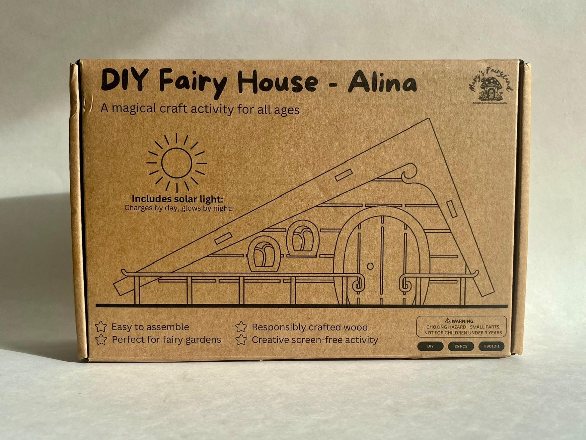 DIY Fairy House Kit with Solar Light - Alina's Wooden Garden Cottage - Build & Paint Craft - FREE U.S. Shipping