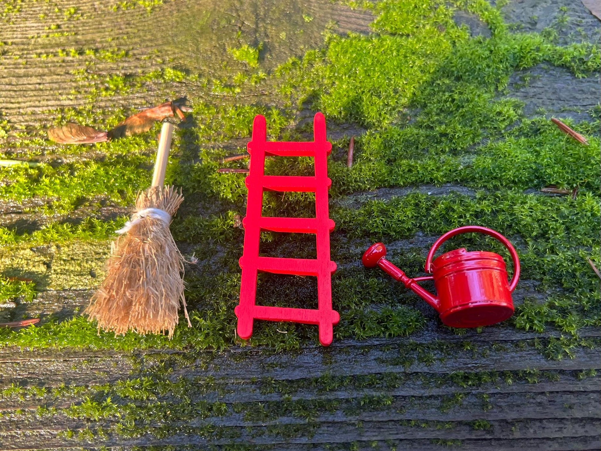 Mini Fairy Garden Tool Set - Red Ladder + Red Watering Can + Straw Broom - Tiny Accessories for Fairy Doors, Planters & Terrariums