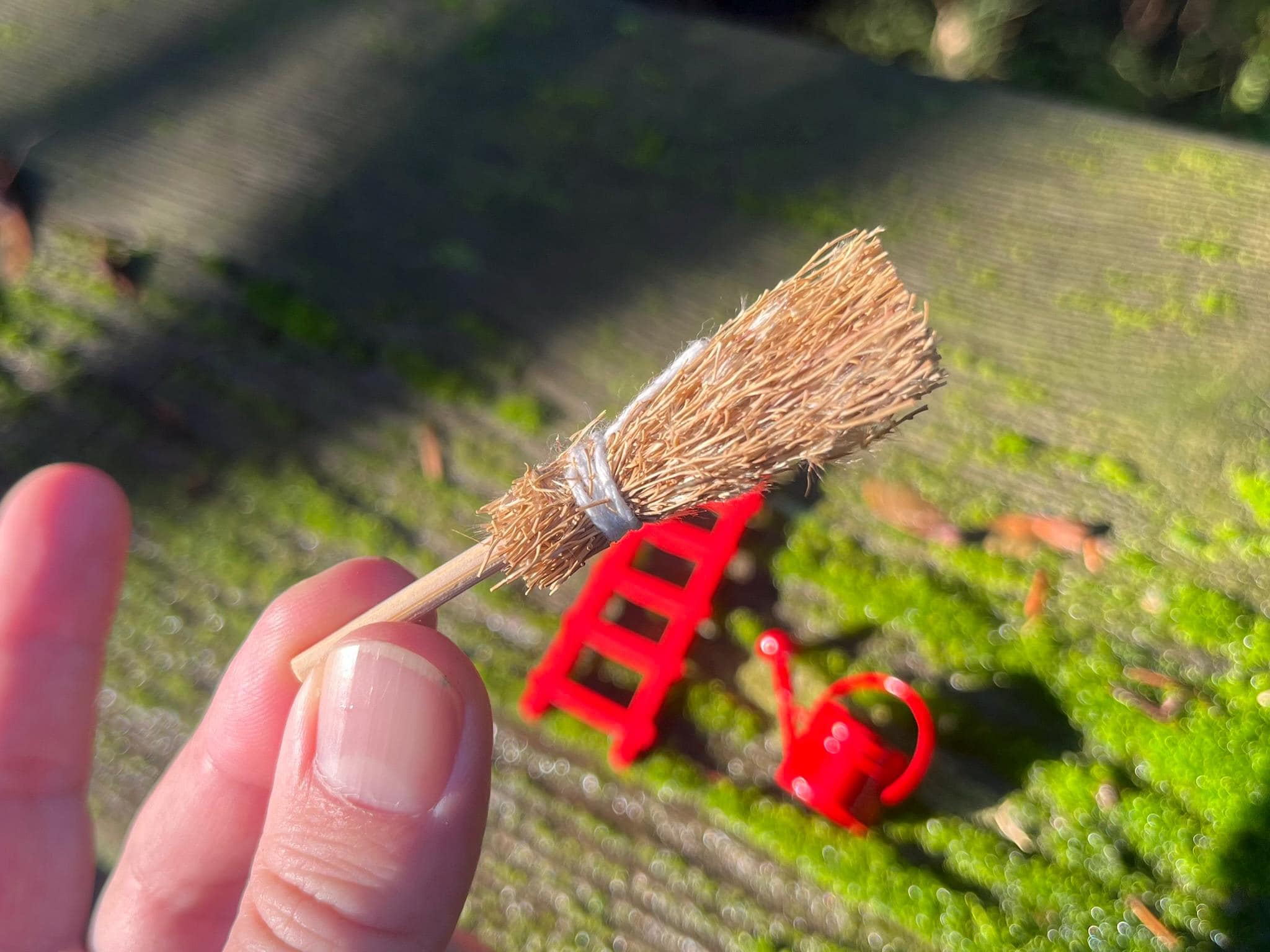 Miniature Fairy Garden Tool Set - Red Ladder, Broom & Watering Can