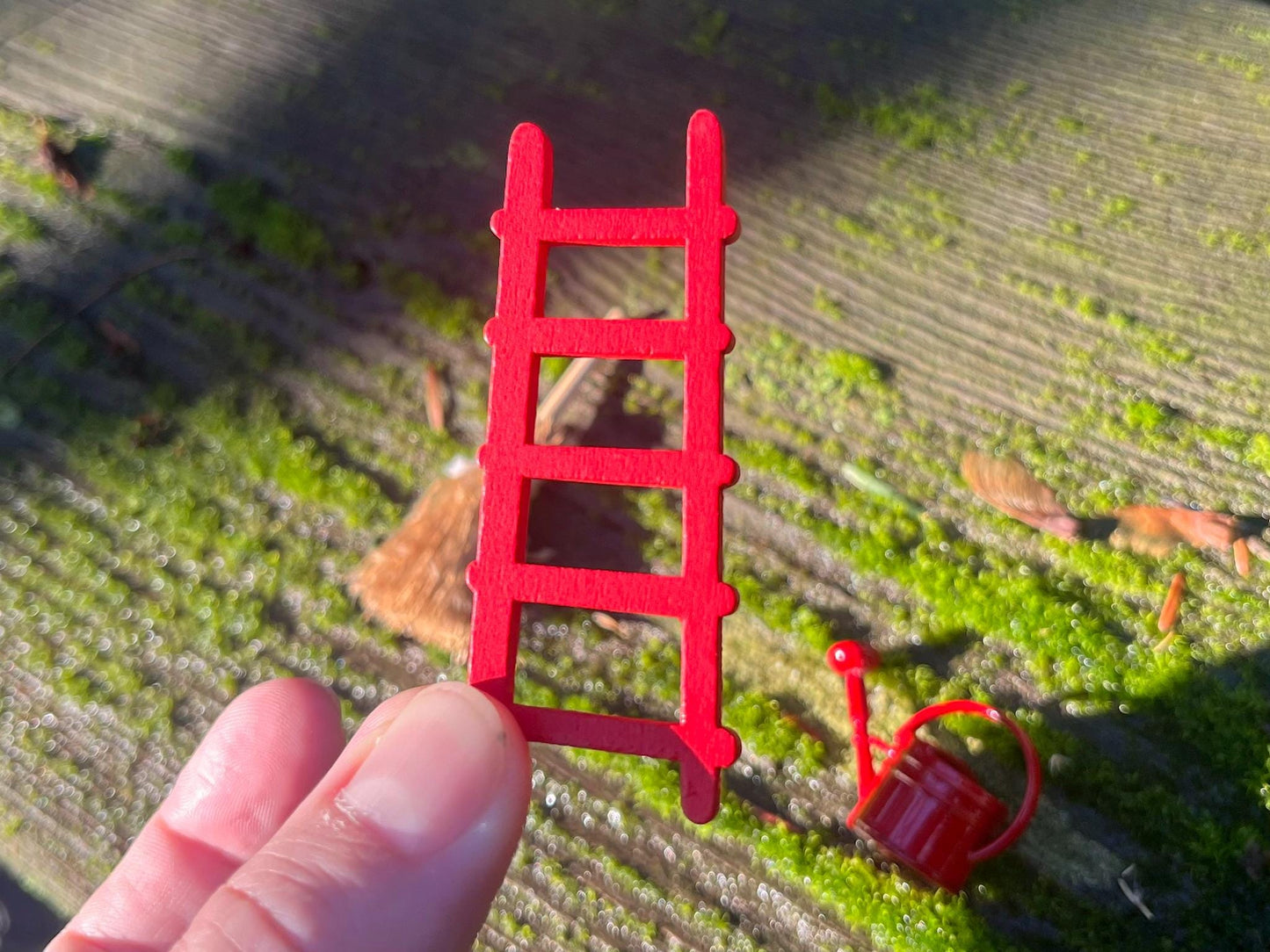 Mini Fairy Garden Tool Set - Red Ladder + Red Watering Can + Straw Broom - Tiny Accessories for Fairy Doors, Planters & Terrariums