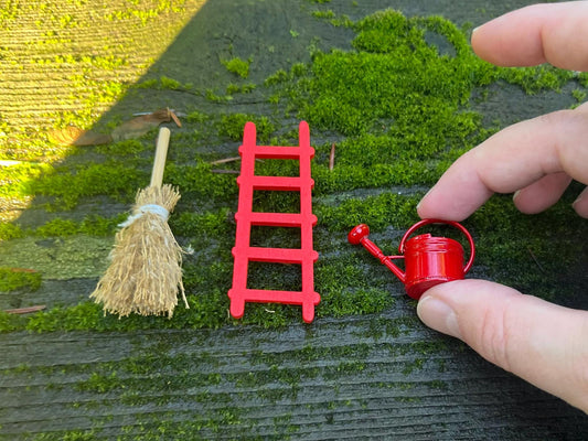 Mini Fairy Garden Tool Set - Red Ladder + Red Watering Can + Straw Broom - Tiny Accessories for Fairy Doors, Planters & Terrariums