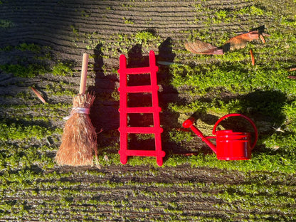 Mini Fairy Garden Tool Set - Red Ladder + Red Watering Can + Straw Broom - Tiny Accessories for Fairy Doors, Planters & Terrariums