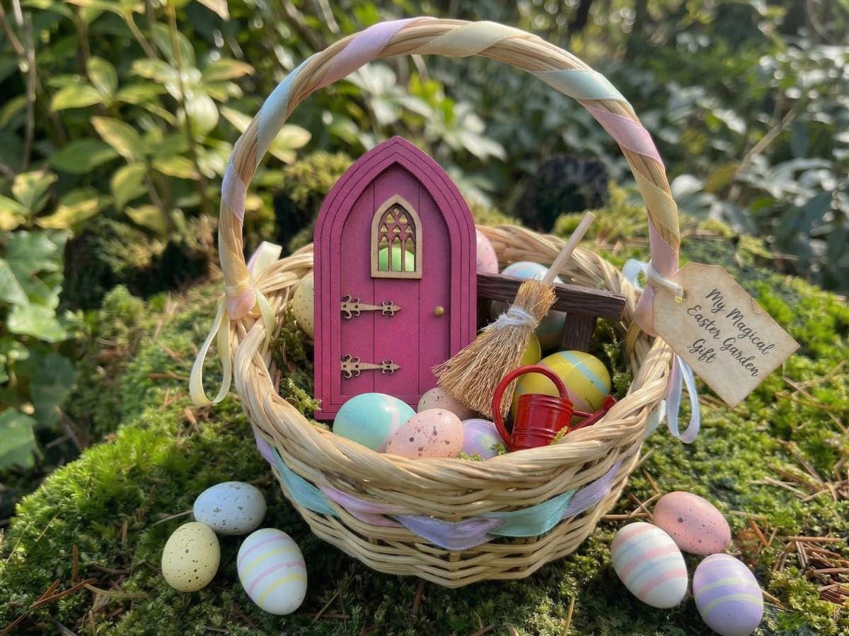 Easter Fairy Basket Gift Set, Fairy Door Bundle, Easter Basket Filler, Mini Fairy Garden Gift, Fairy Bench Broom Watering Can