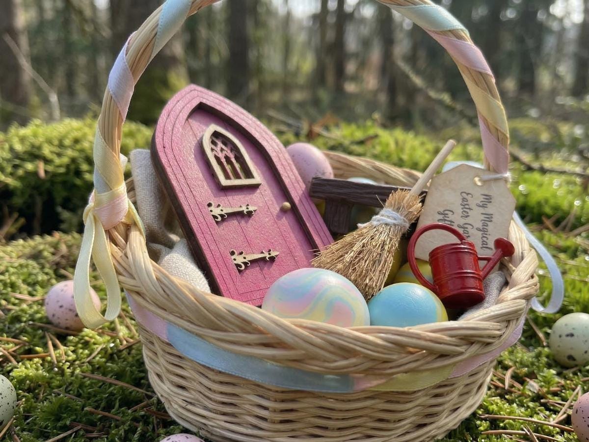 Easter Fairy Basket Gift Set, Fairy Door Bundle, Easter Basket Filler, Mini Fairy Garden Gift, Fairy Bench Broom Watering Can