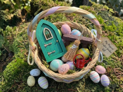 Easter Fairy Basket Gift Set, Fairy Door Bundle, Easter Basket Filler, Mini Fairy Garden Gift, Fairy Bench Broom Watering Can